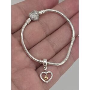 Pandora STERLING SILVER 14k Gold Two Tone SNAKE CHAIN BRACELET Heart